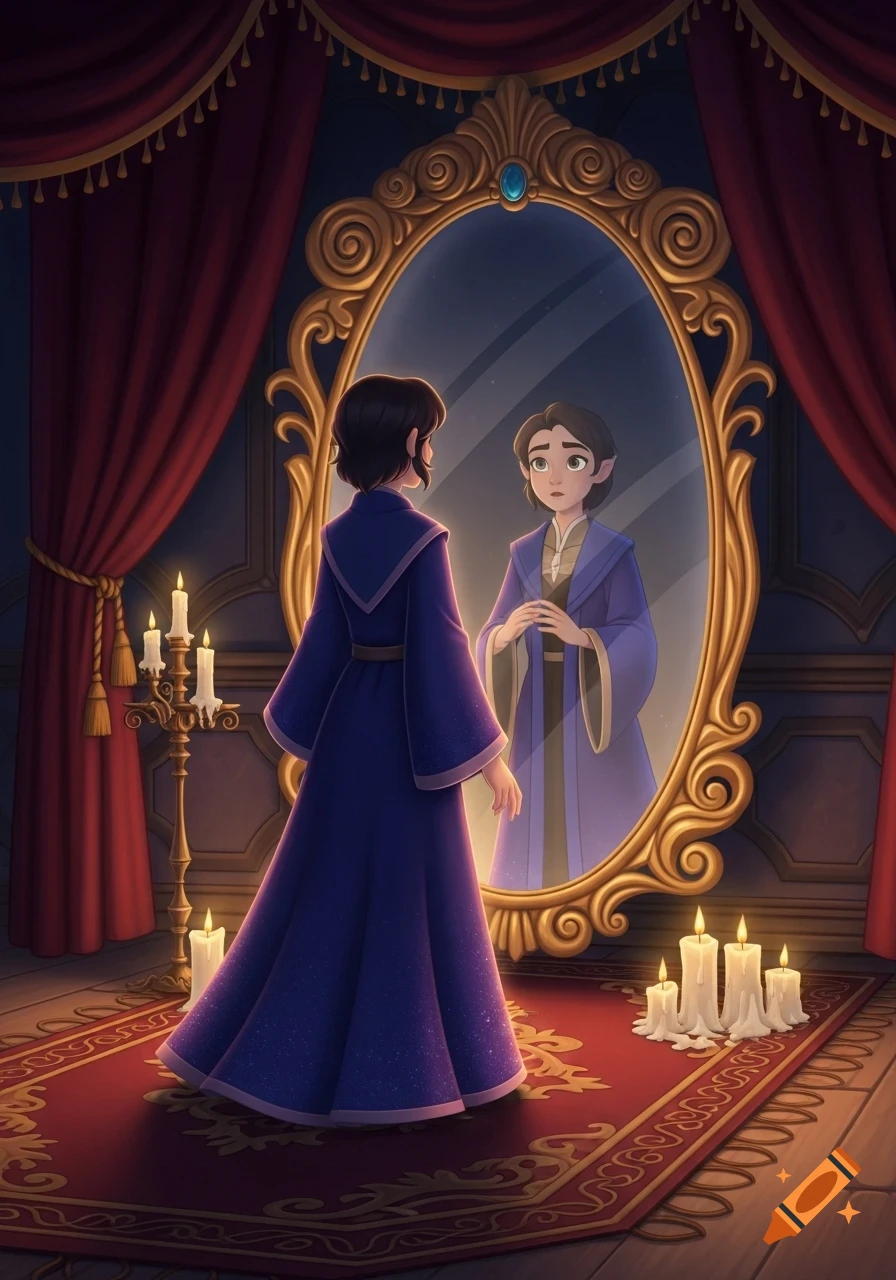 Animated character in a blue robe, back to viewer, looking into an ornate golden mirror in a candlelit room.
