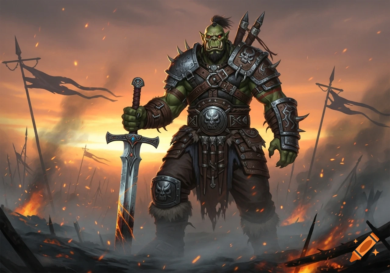 A powerful green orc warrior in spiked armor holds a flaming greatsword amidst a smoky, battle-scarred landscape at sunset, with flags and fires.