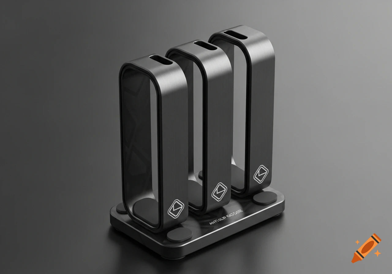 A sleek, dark metallic triple cable holder with a minimalist design, standing on a dark surface.