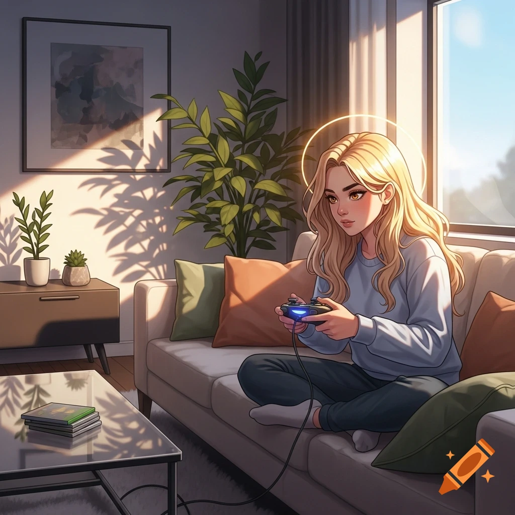 An anime-style blonde girl with a halo, sitting cross-legged on a couch and playing a video game with a controller in a sunlit living room.