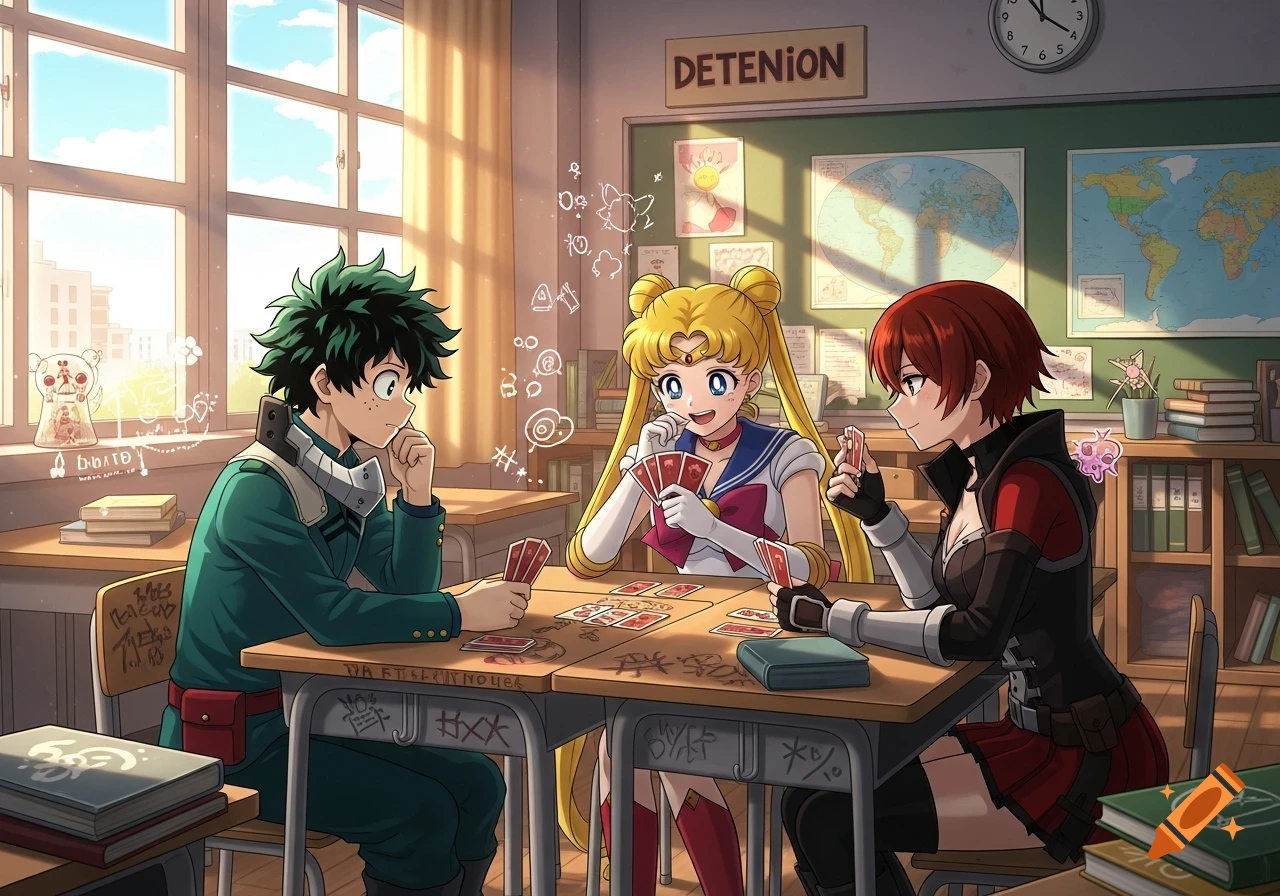 Izuku, Usagi, and Ruby from anime series playing cards in a sunlit classroom.