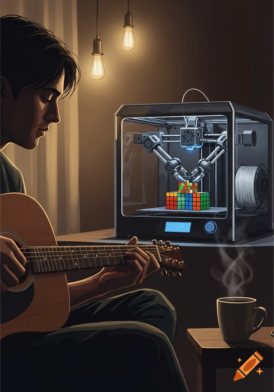 A man plays an acoustic guitar in a dimly lit room while a 3D printer builds Rubik's cubes on a desk beside him.