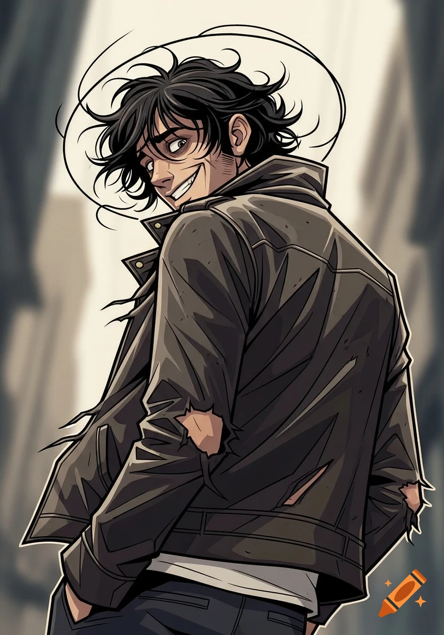 Stylized graphic novel illustration of a man with messy dark hair and a torn jacket, looking back over his shoulder with an unsettling smile.