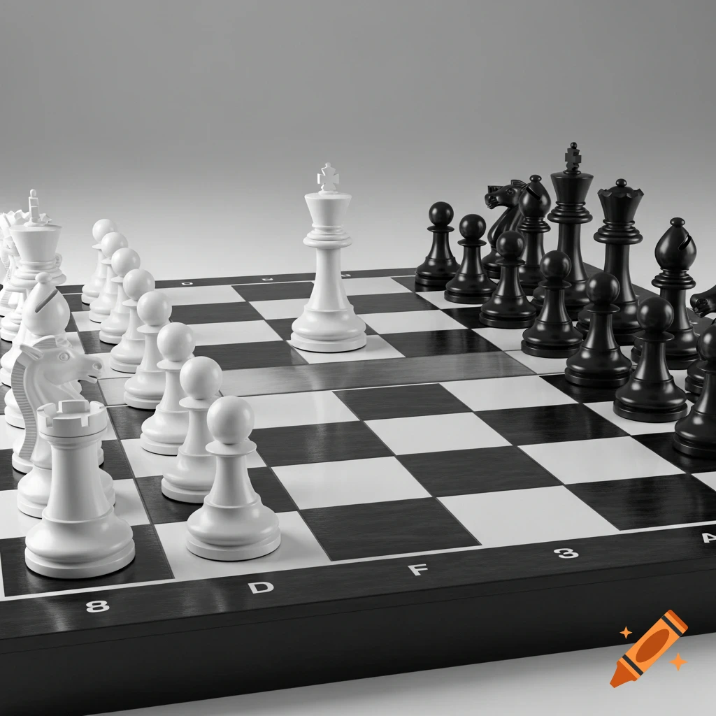 A close-up, high-angle view of a chessboard featuring white pieces on the left and black pieces on the right, set against a gray background.