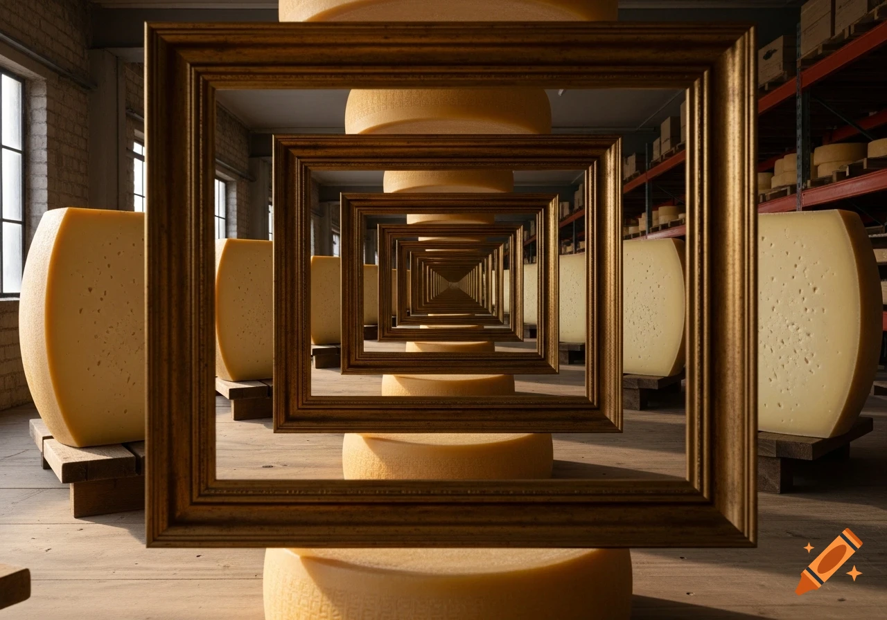 Recursive wooden picture frames extend down a warehouse aisle lined with large wheels of cheese.