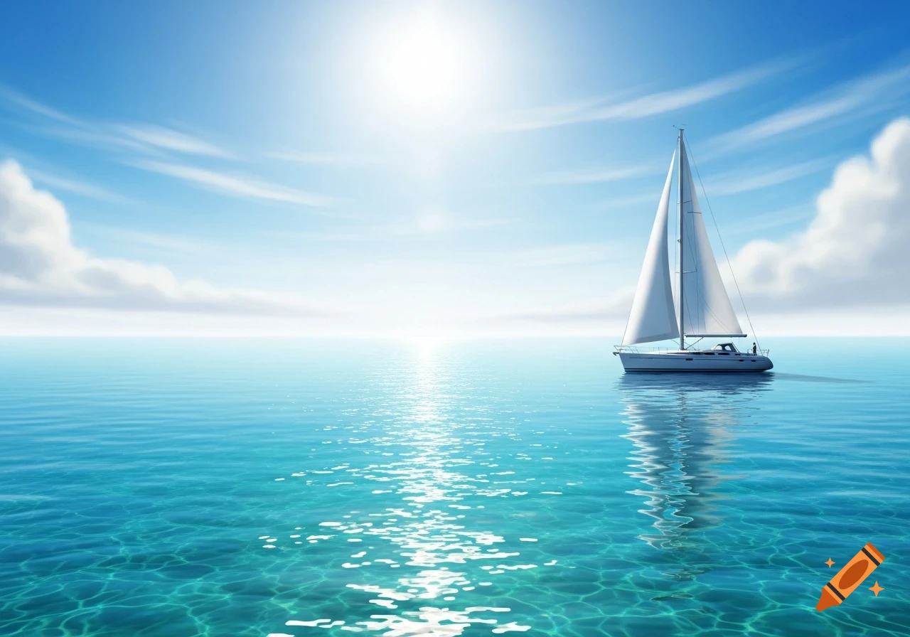 A white sailboat glides on crystal clear turquoise water under a bright sunny sky with scattered clouds.
