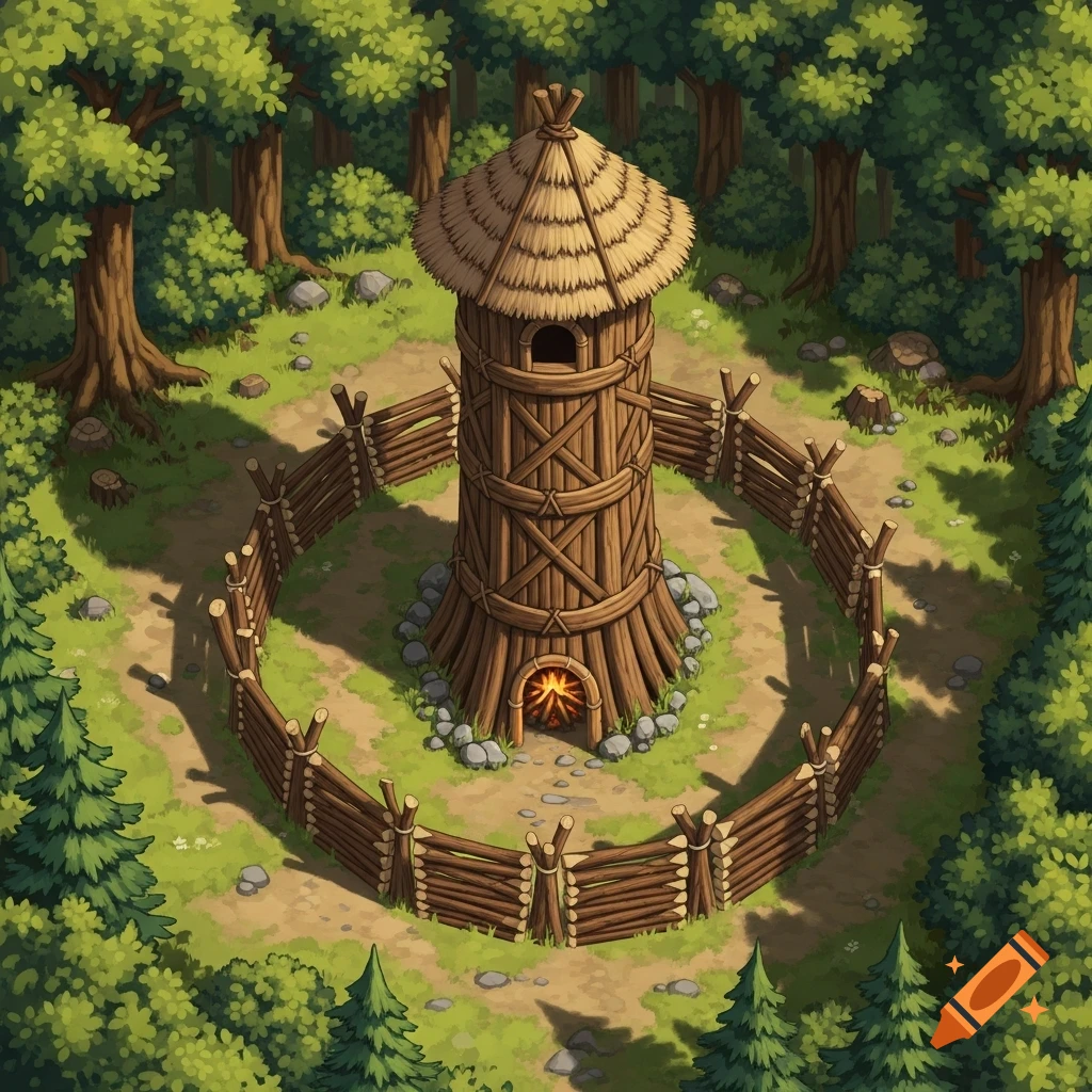 An isometric top-down view of a round timber tower with a thatched roof, surrounded by a log fence in a lush forest.