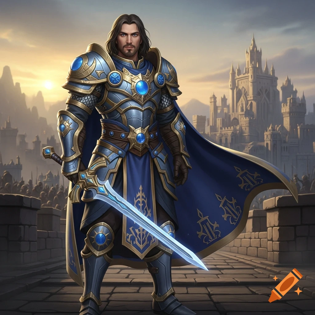 A knight in blue and gold armor holds a glowing sword before a castle and an army at sunset, in a fantasy art style.