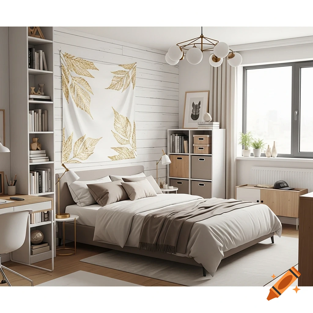 A clean, modern bedroom with a double bed, a white tapestry with gold leaves above it, a large window, a desk, and shelving units.