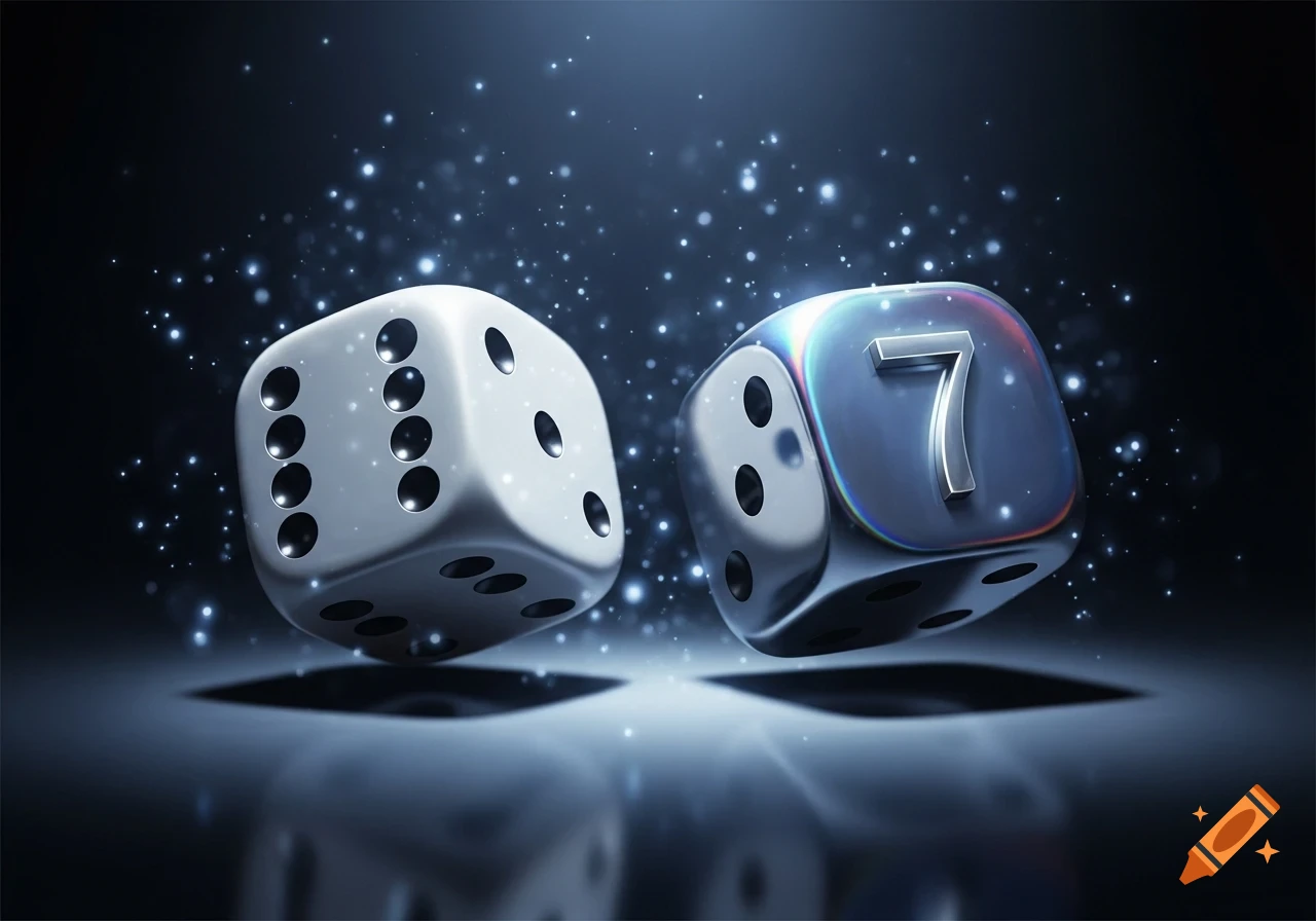Two dice float against a dark, sparkling background. A white die shows a 6, and a metallic die features a prominent silver 7.