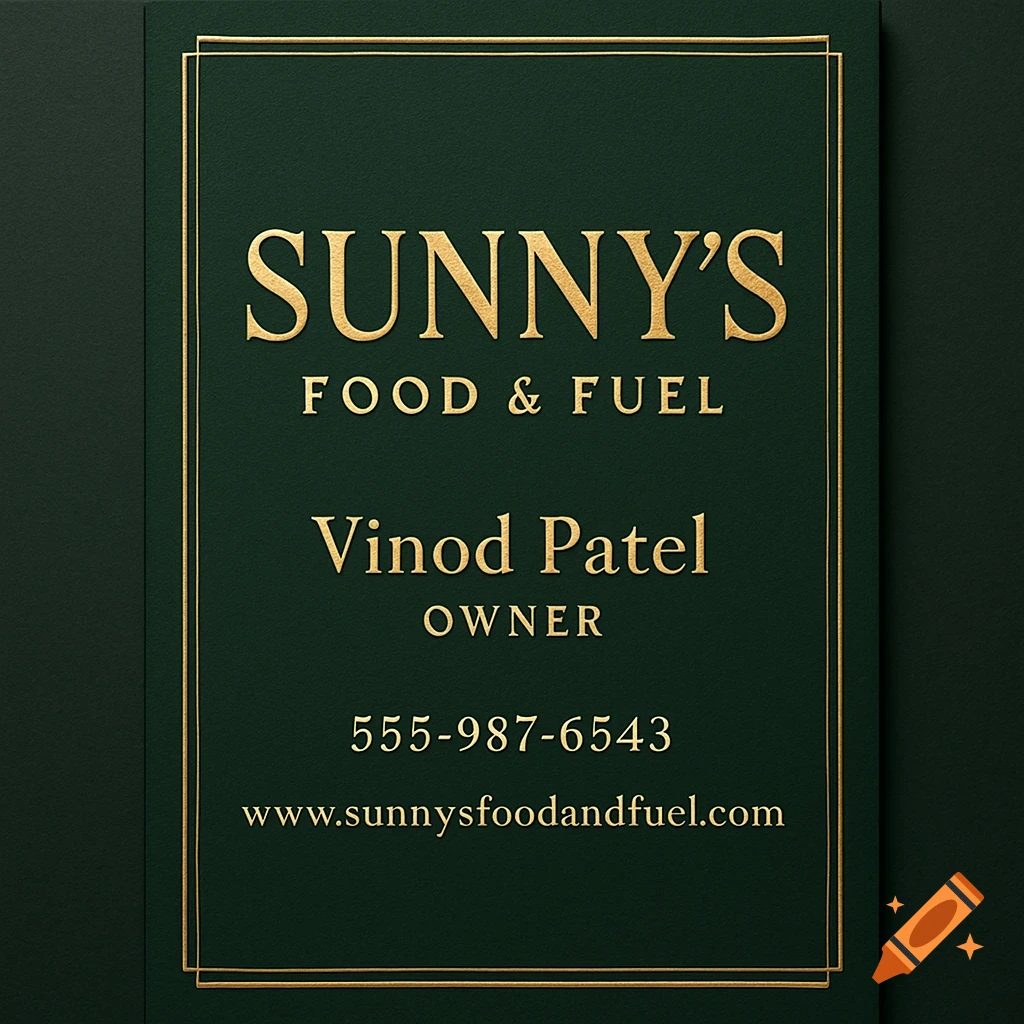 Gold embossed text on a dark green luxury business card for Sunny's Food & Fuel, with contact details.