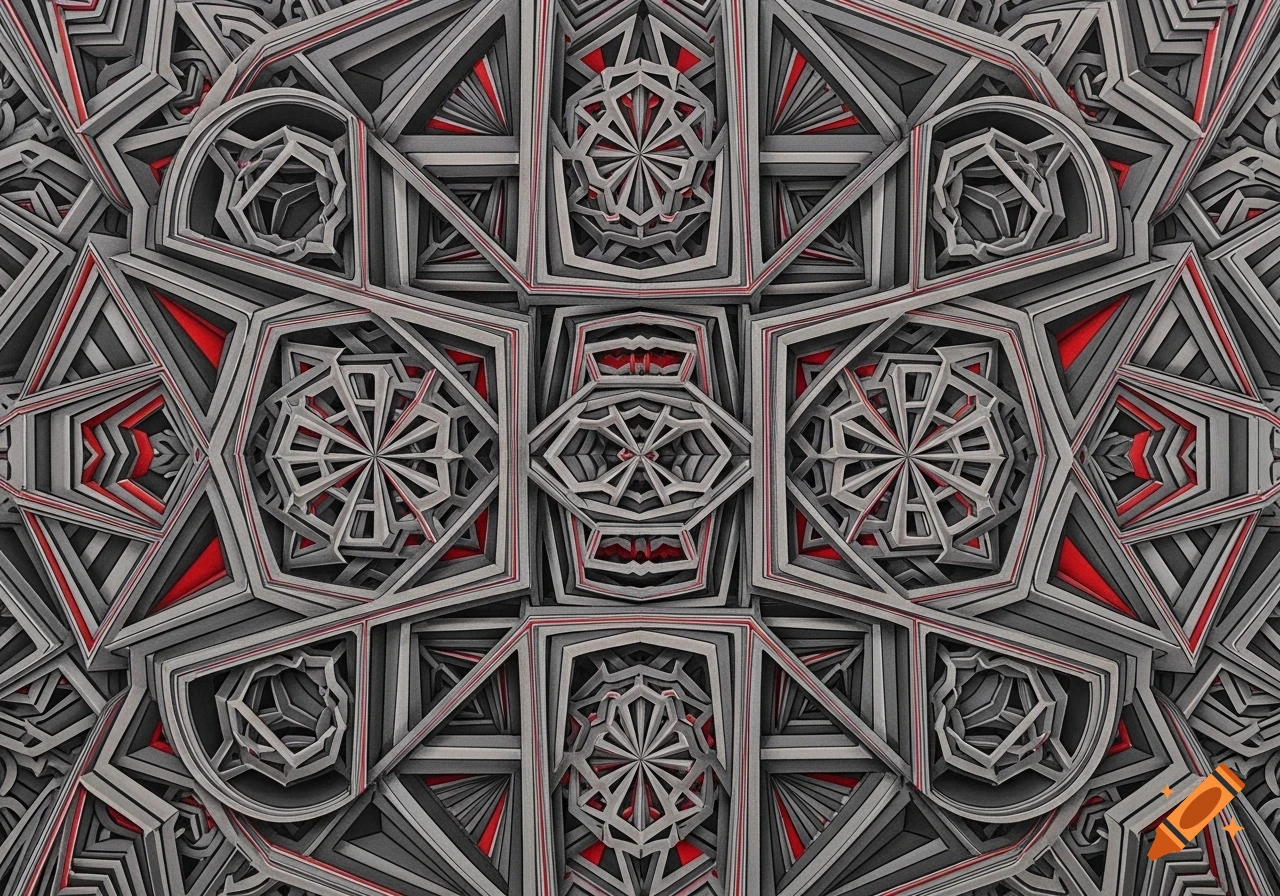 An intricate, layered geometric pattern in shades of gray and red, creating a symmetrical, abstract design.