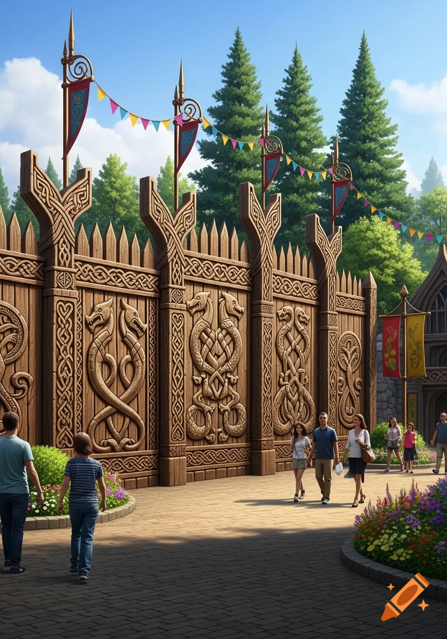 A photorealistic image of a Viking-style wooden fence with intricate carvings in an amusement park, with people walking on a paved path and colorful banners overhead.