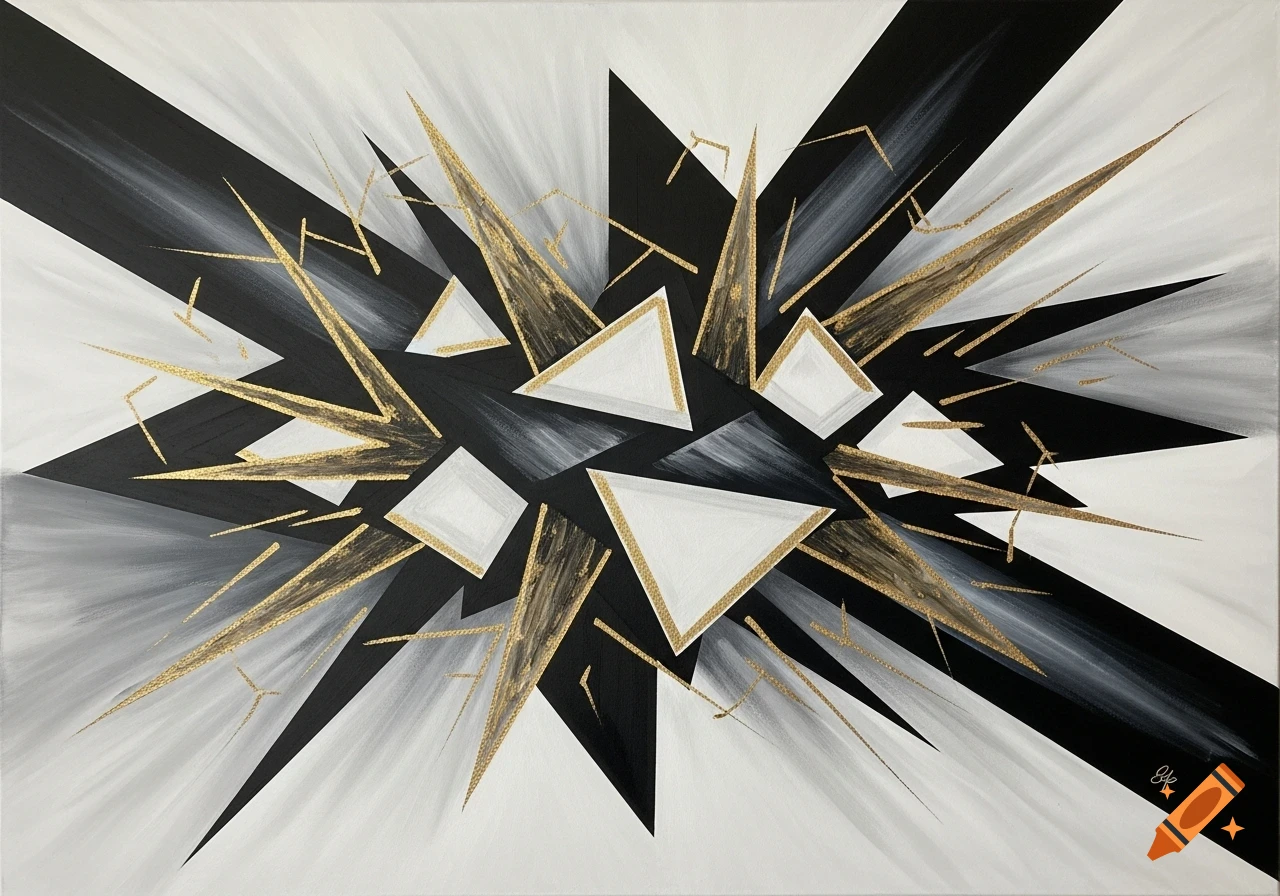 Abstract painting with black, white, and gold geometric shapes radiating from the center.