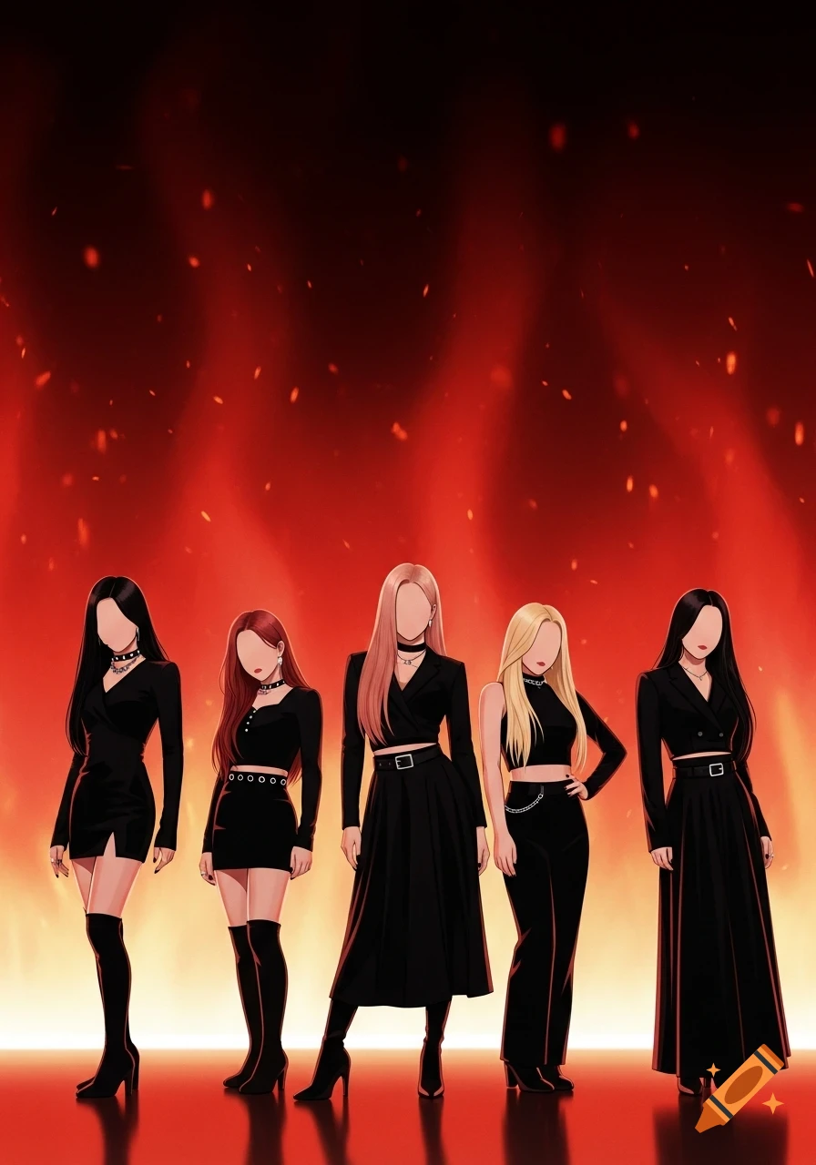 Five stylized female figures in black outfits with various hair colors stand against a red, fiery background.