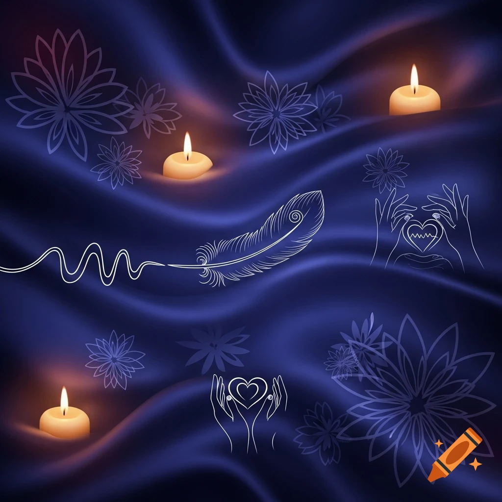 Stylized image with glowing candles, a feather, outline hands holding hearts, and abstract floral patterns on flowing blue and purple fabric.