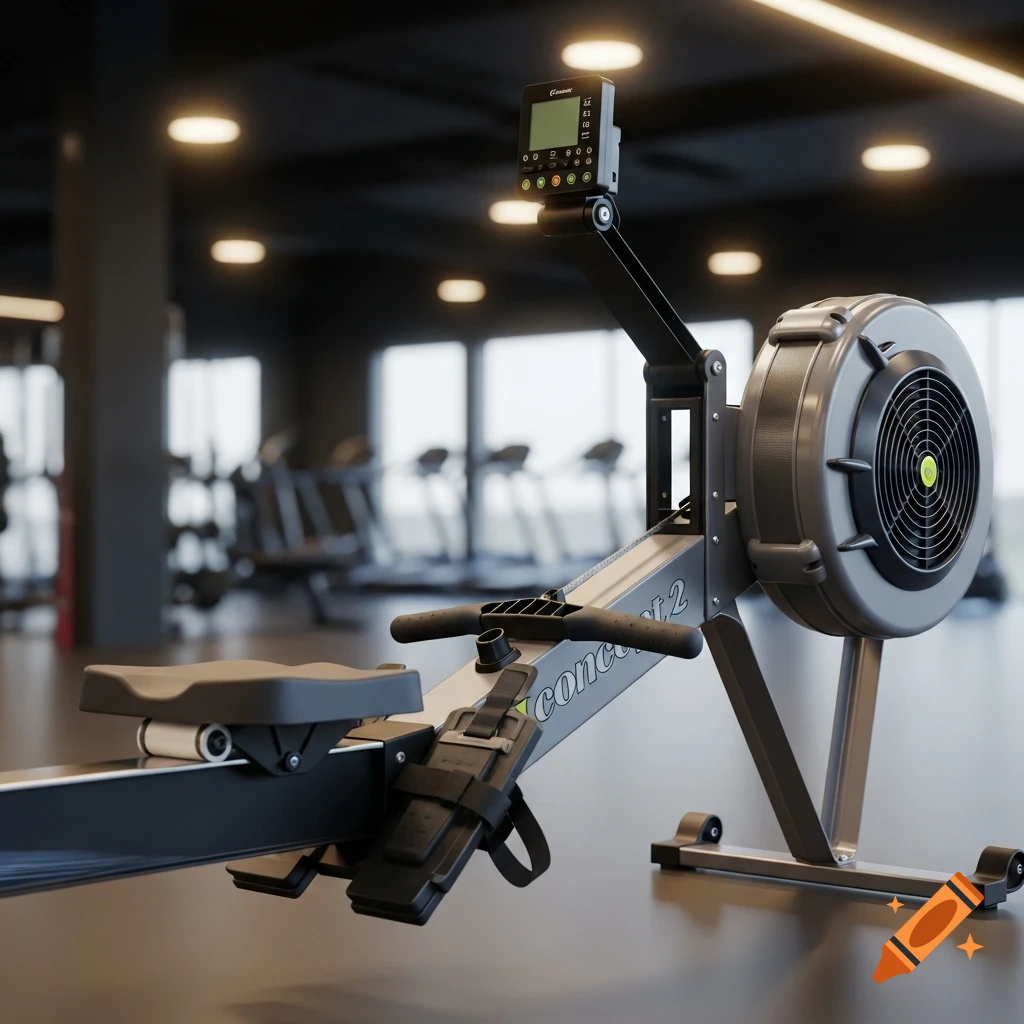 A close-up, photorealistic view of a Concept 2 rowing machine (ergometer) in a modern gym with blurred fitness equipment in the background.