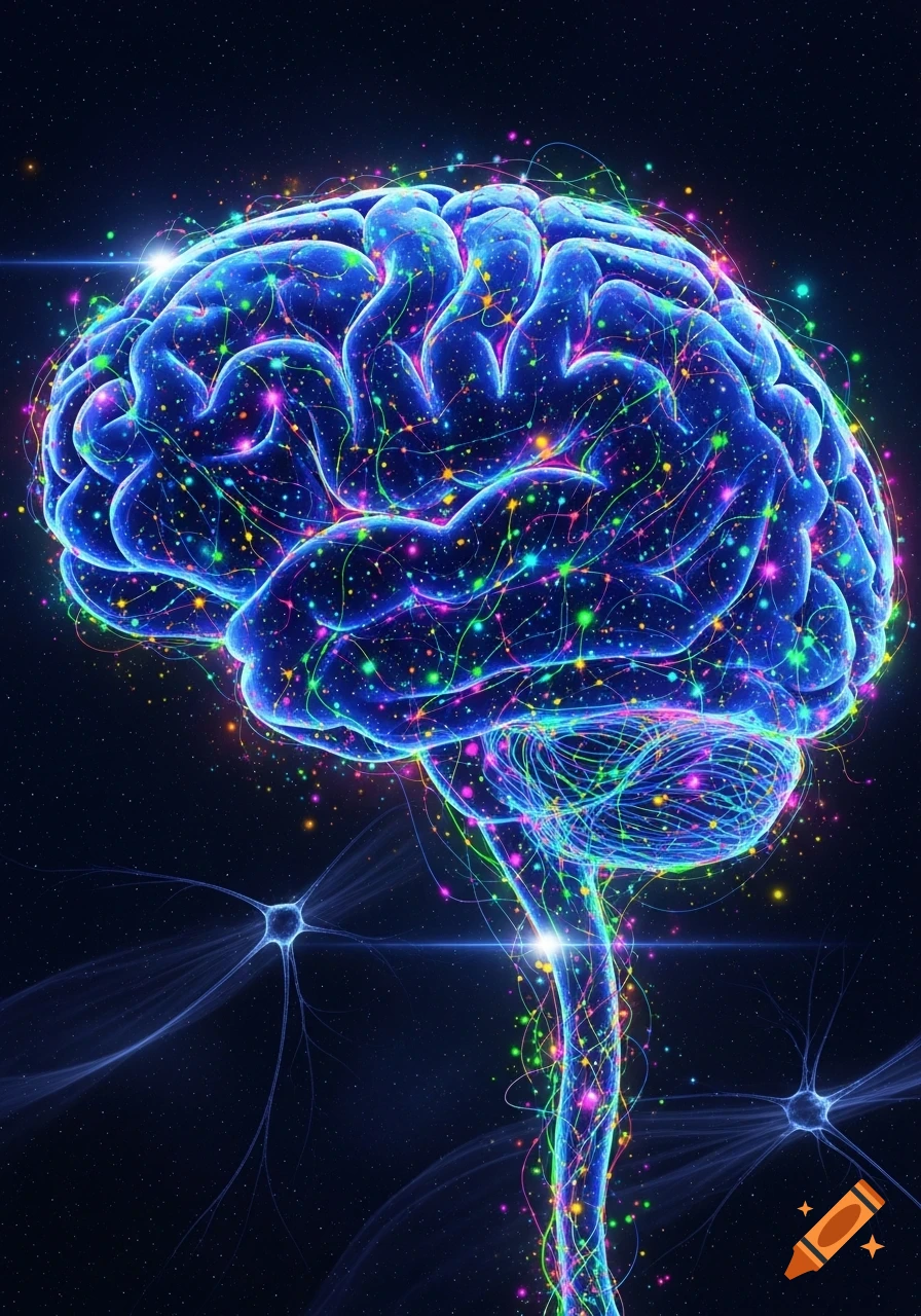 A glowing blue brain with vibrant, colorful neural connections against a dark, starry background in a digital art style.