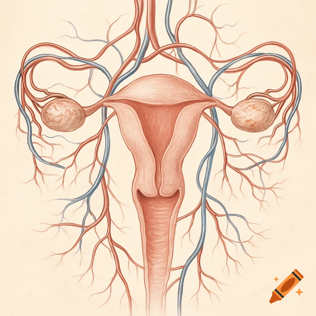 An anatomical illustration of the female reproductive system, featuring the uterus, ovaries, and a network of red arteries and blue veins.