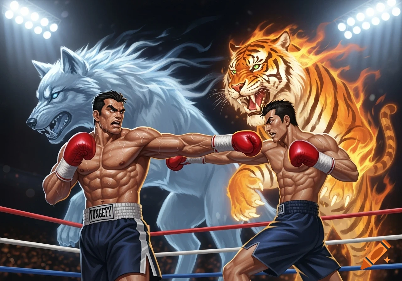 Two muscular boxers exchange punches in a boxing ring, backed by the glowing spirit of a white wolf and a fiery orange tiger in a stylized, dynamic illustration.