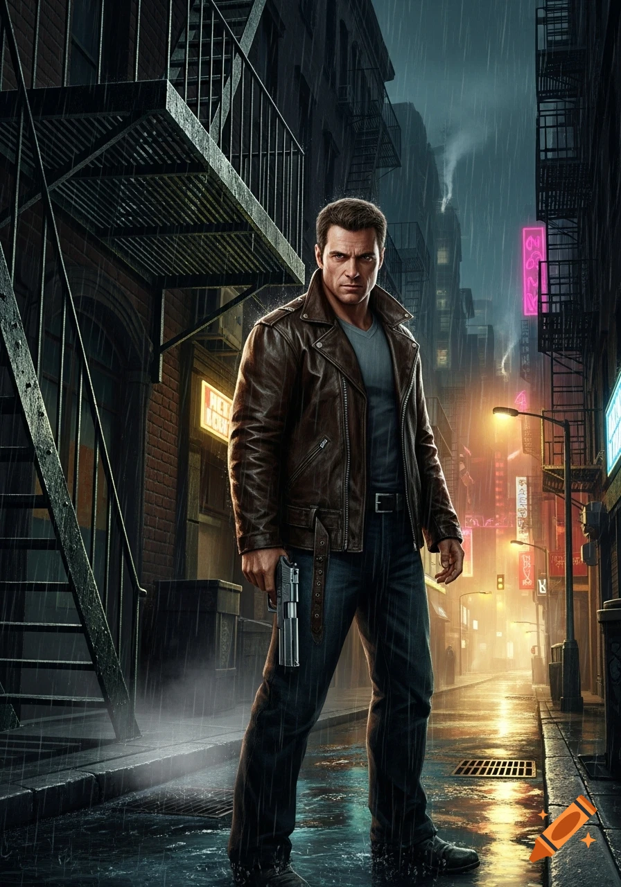 A stern-looking man in a brown leather jacket and jeans holds a pistol, standing in a rainy, neon-lit city alley at night in a photorealistic style.