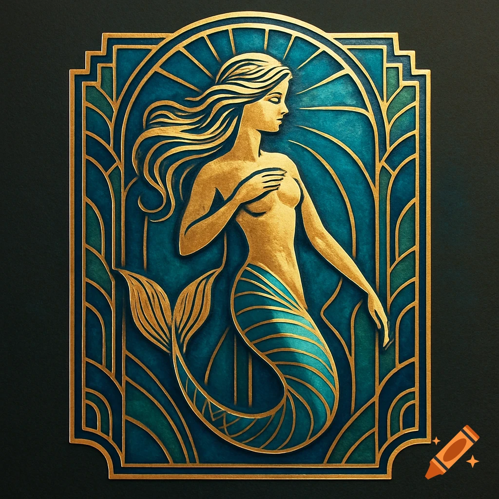 Art Deco illustration of a golden mermaid with flowing hair and a teal and gold striped tail against a vibrant blue and gold geometric background.