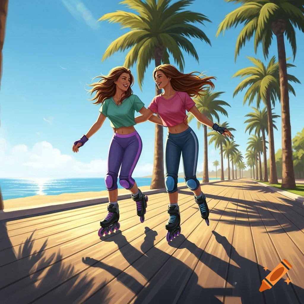 Two smiling women rollerblading on a beach boardwalk lined with palm trees, a vibrant stylized illustration.