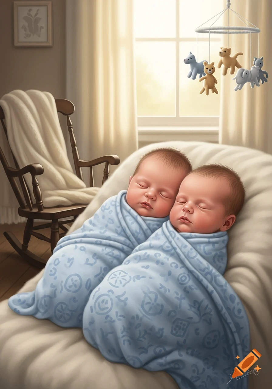 Two swaddled twin babies sleeping peacefully on a soft cushion in a nursery with a rocking chair and mobile.