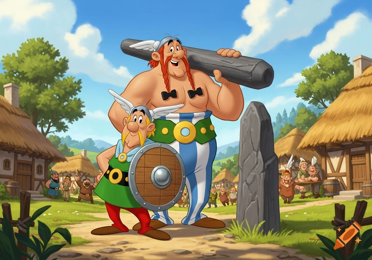 Cartoon characters Asterix and Obelix stand in a Gaulish village ...