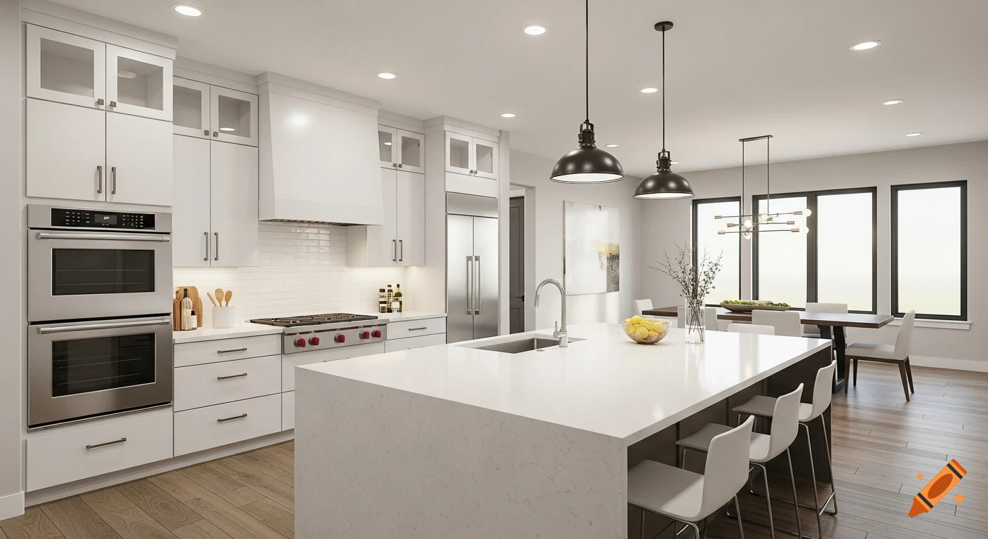 A spacious, modern open-concept kitchen and dining room with white cabinets, quartz countertops, warm wood flooring, and stainless steel appliances.