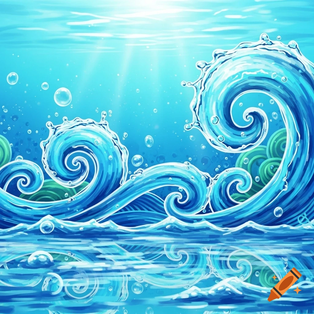 A vibrant, stylized illustration of large blue water waves with white foamy crests and bubbles, seen partly underwater with sun rays shining through.