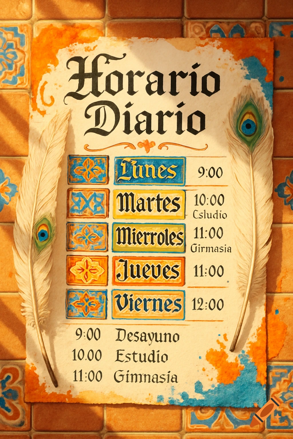 A stylized daily schedule on a scroll-like paper, adorned with peacock feathers, set against a background of orange and blue patterned tiles.