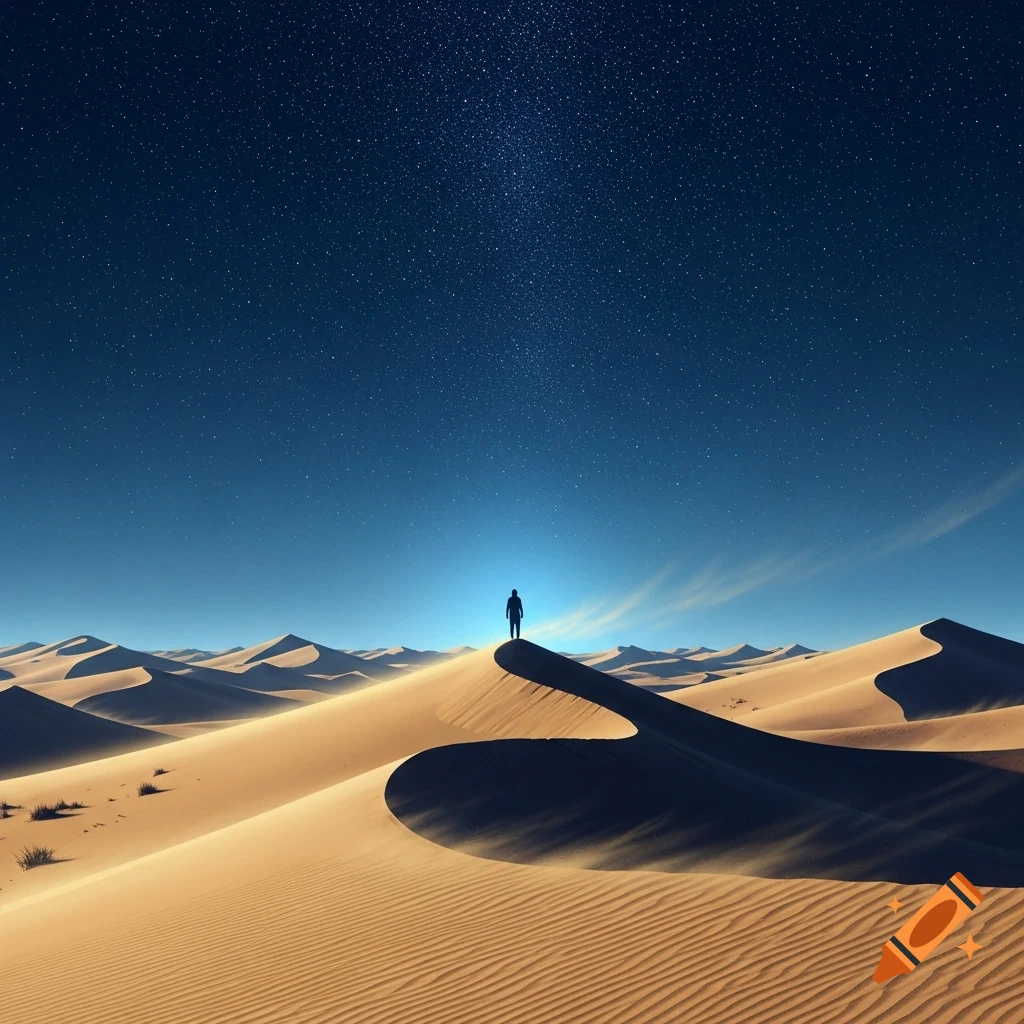 A silhouetted person stands atop a vast sand dune under a brilliant ...