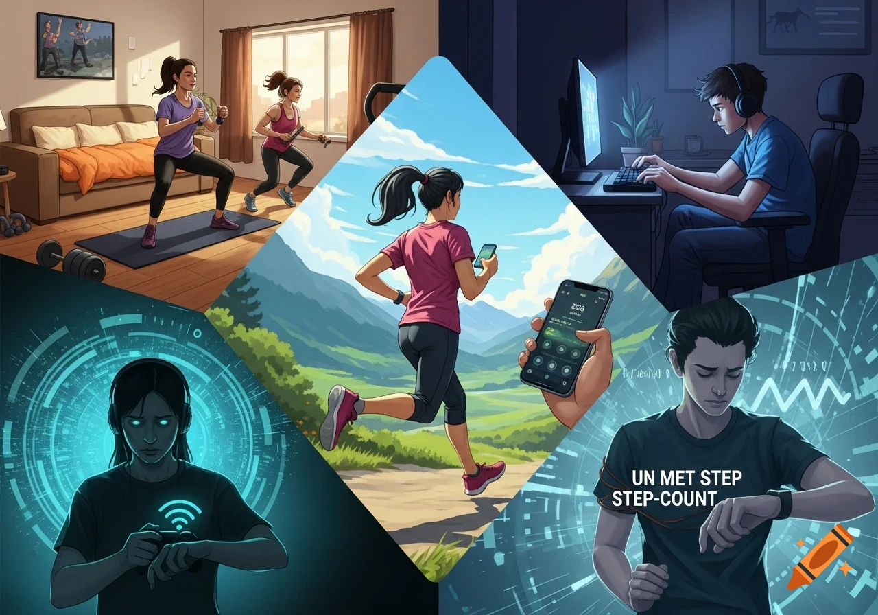 A collage showing different fitness activities and technology use, including home workouts, outdoor running, gaming, and people interacting with smartwatches and phones to track health data.