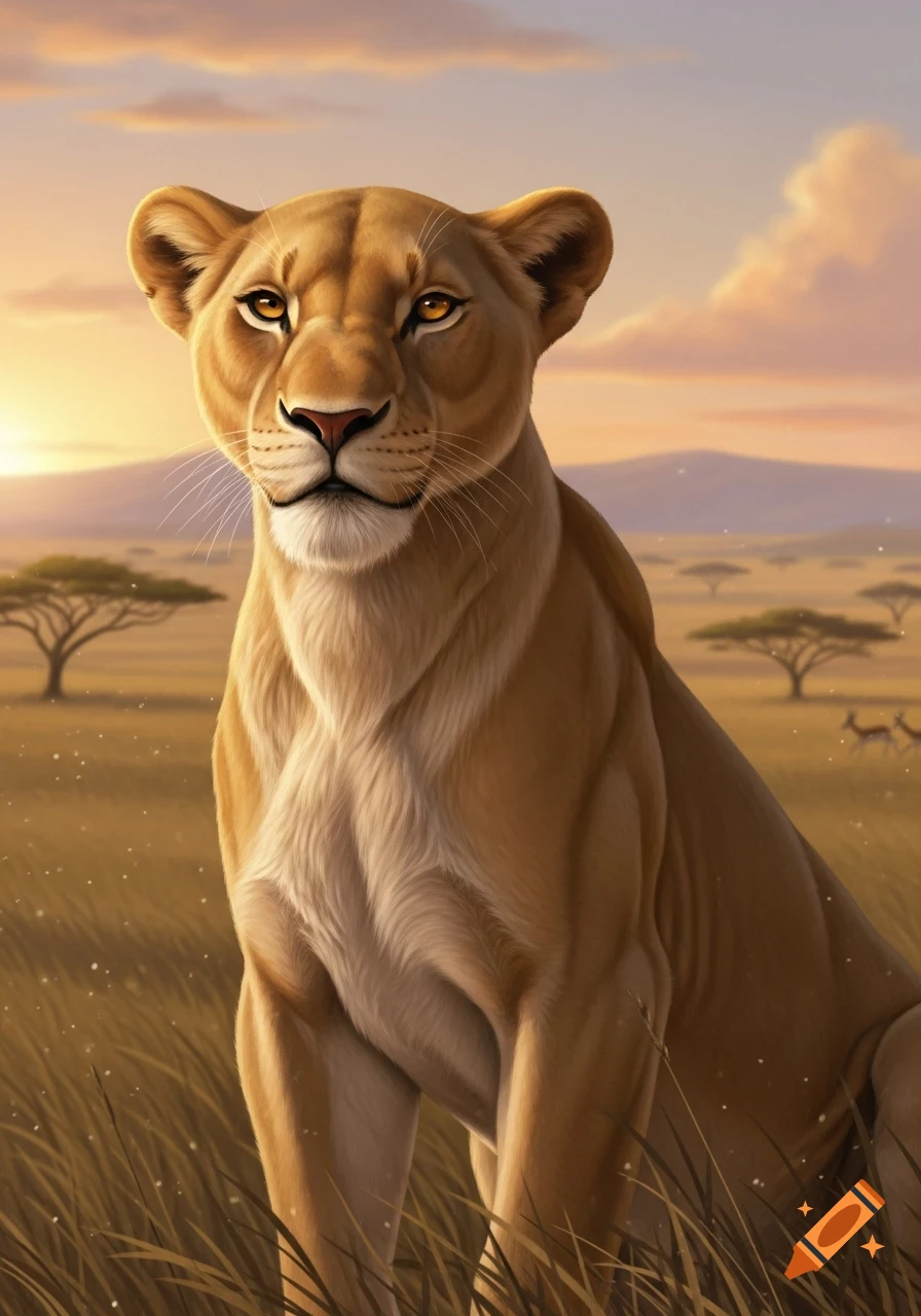A majestic lioness with amber eyes sits in golden savanna grass at sunset, with acacia trees and hills in the soft background.