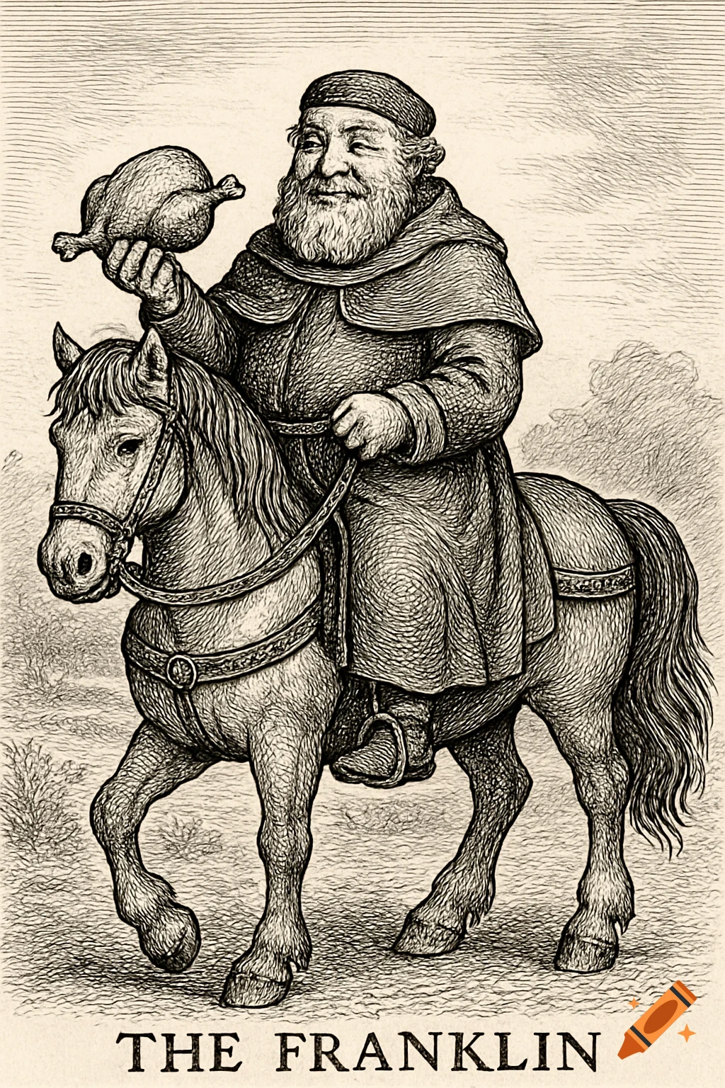 A black and white engraving of a smiling, bearded man, 'The Franklin', riding a horse and holding a cooked chicken.