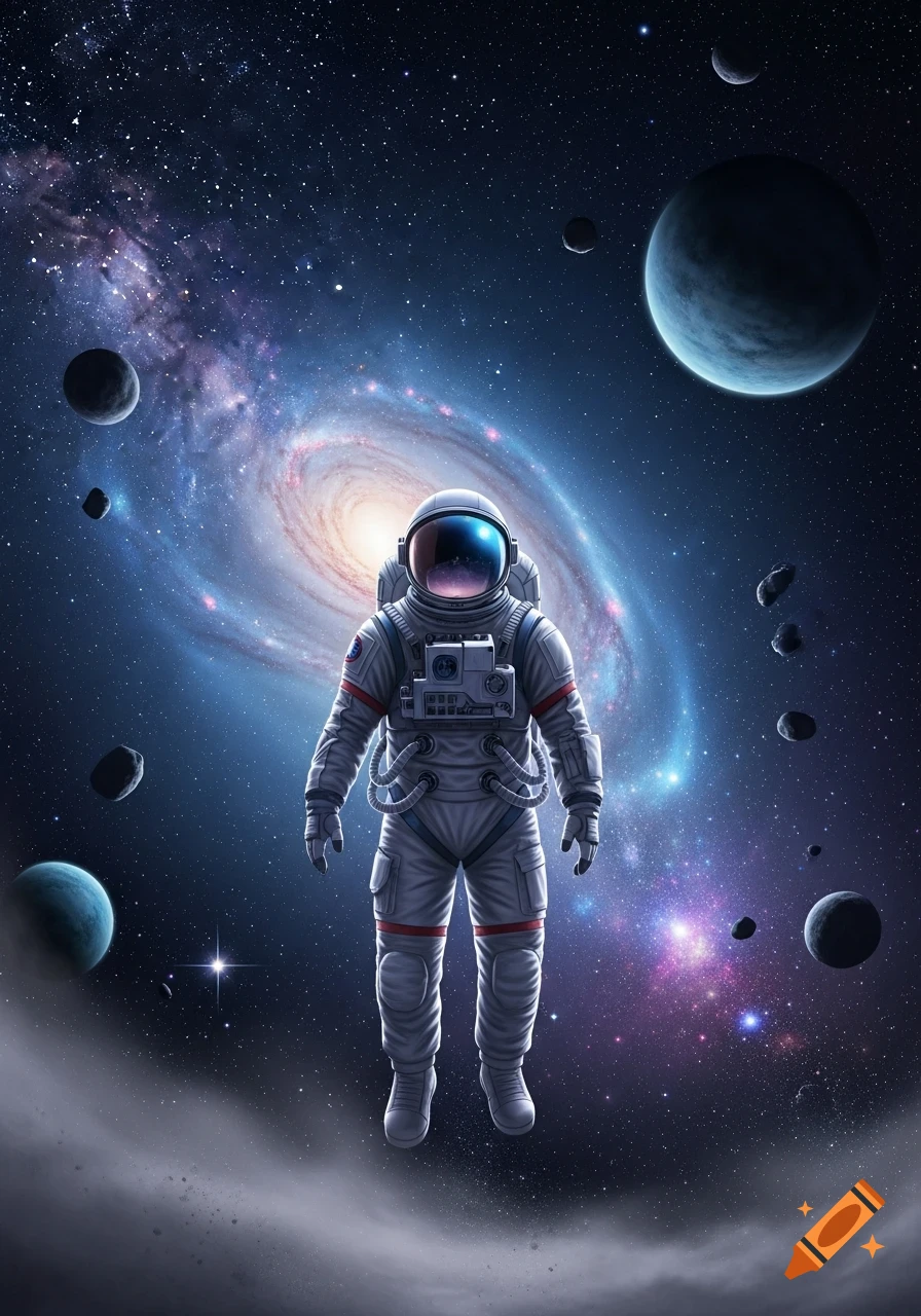 An astronaut floats in the vastness of space, with a vibrant spiral galaxy and planets behind them.