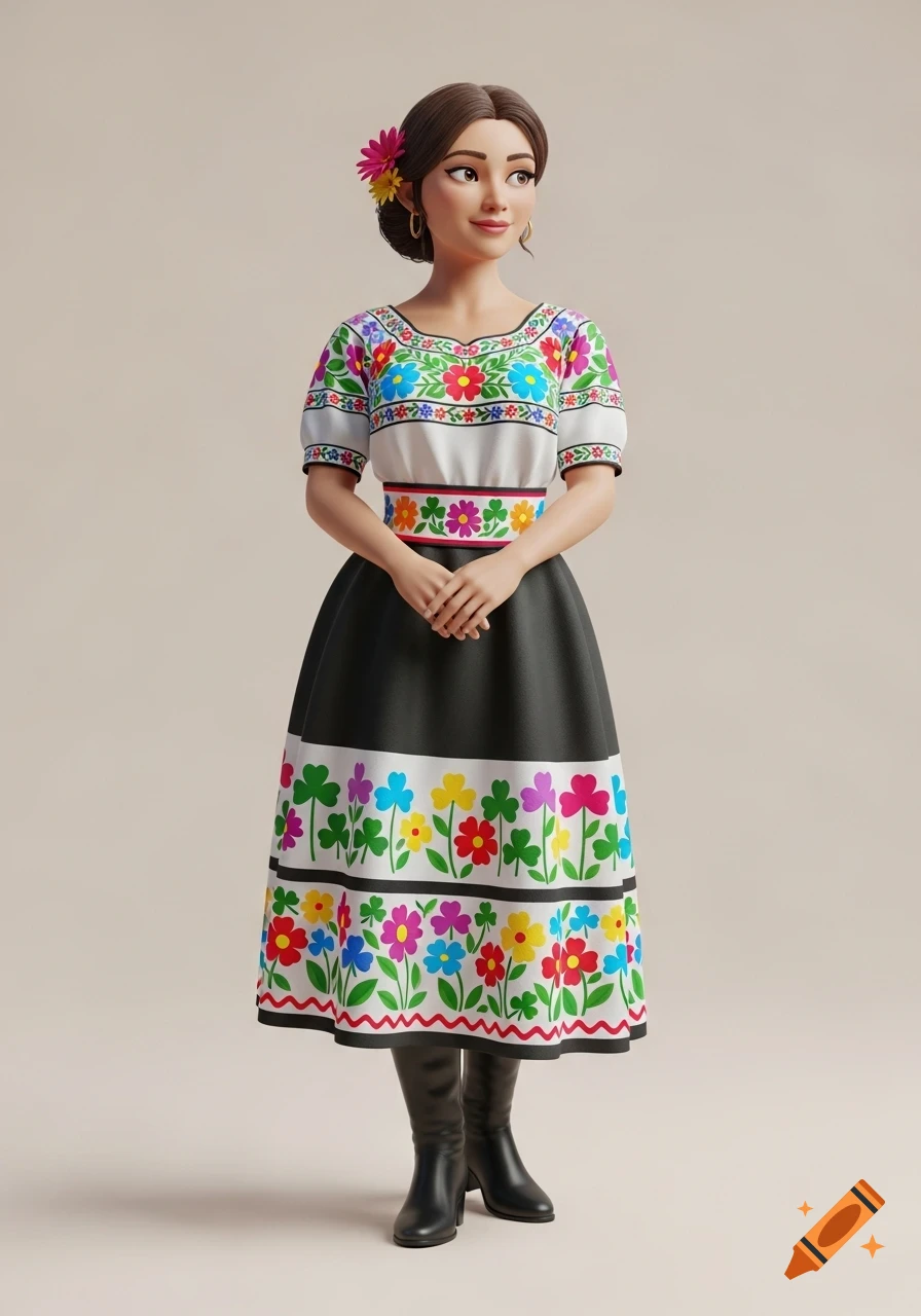 3D rendered woman in traditional Ecuadorian attire: white embroidered blouse, black skirt with floral and clover patterns, black boots, hair in bun with flower.