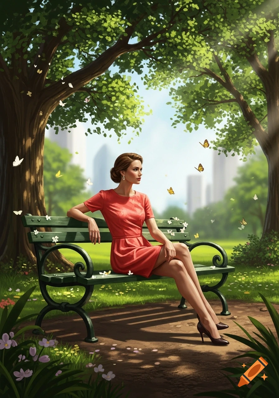 Digital painting of a woman in a red dress sitting on a park bench ...