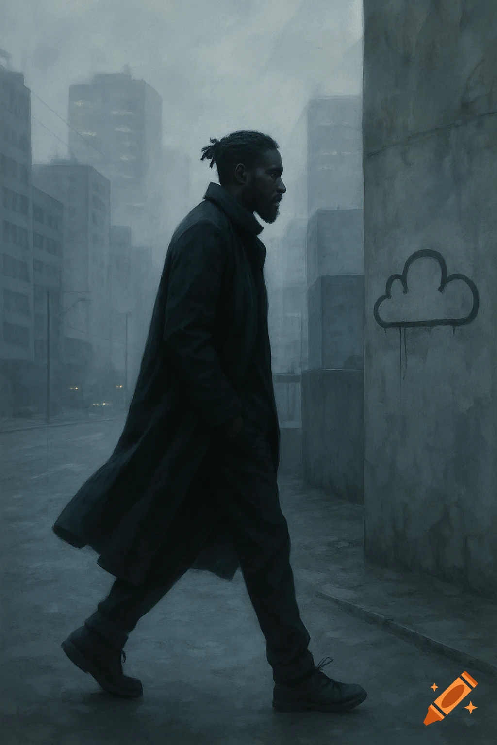 A man with dreadlocks and a long dark coat walks along a foggy, grey city street past a wall with a cloud graffiti tag. Realistic, cold tones.