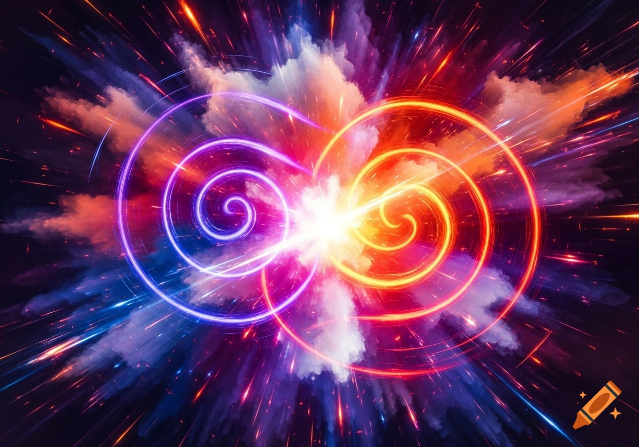 Vibrant abstract explosion with swirling neon light trails in purple, blue, red, and orange, surrounded by smoke and sparks.