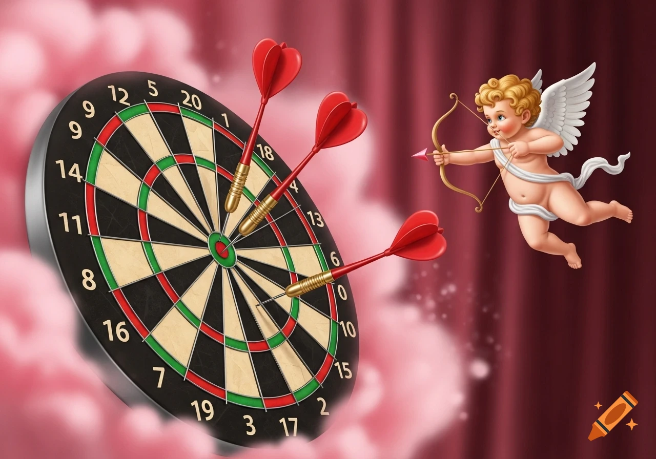 A cherubic Cupid aims an arrow at a dartboard with three heart-shaped darts embedded, set against pink clouds and red curtains.