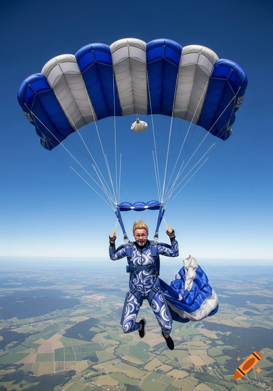A woman in a blue and white patterned jumpsuit skydives under a large blue and white parachute, high above a green and brown landscape.