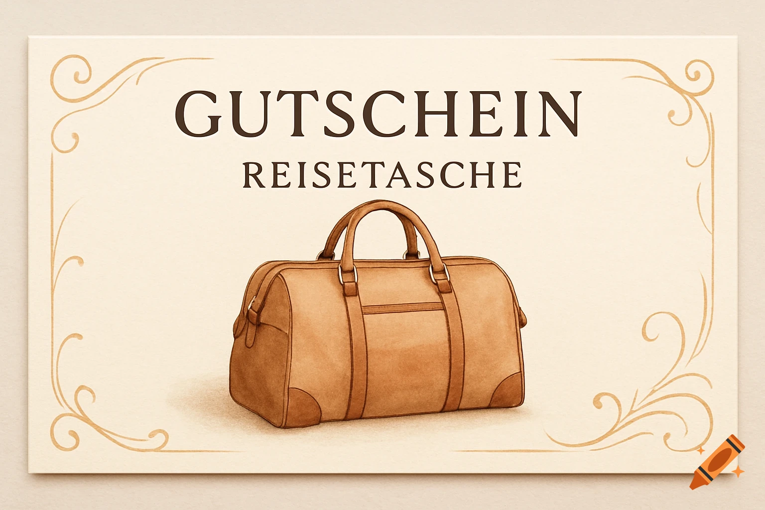 An elegant illustrated gift voucher for a travel bag with "Gutschein Reisetasche" text on a cream background with golden accents.