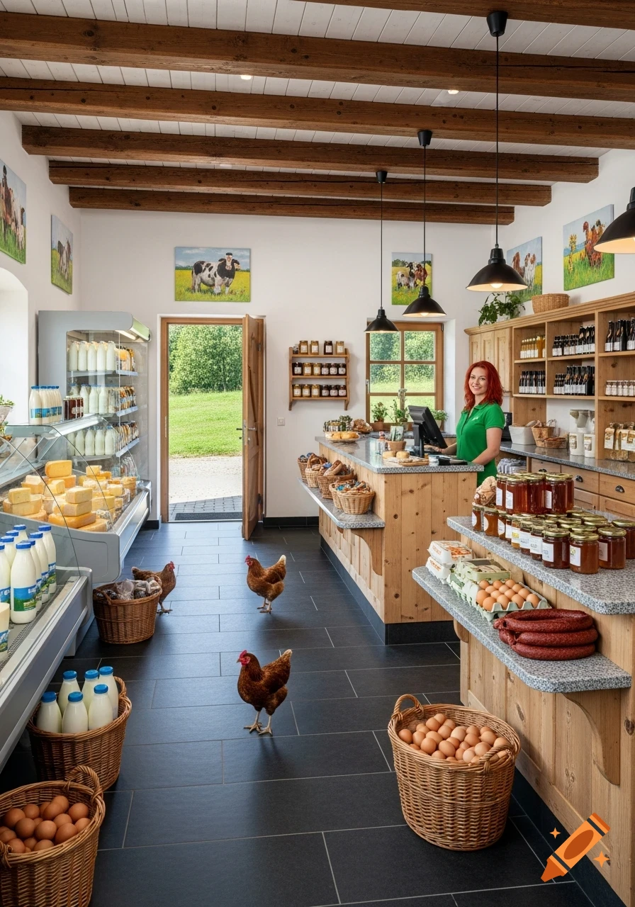 A warm, inviting farm shop with a red-haired cashier, shelves of dairy and honey, and chickens roaming the black tiled floor.