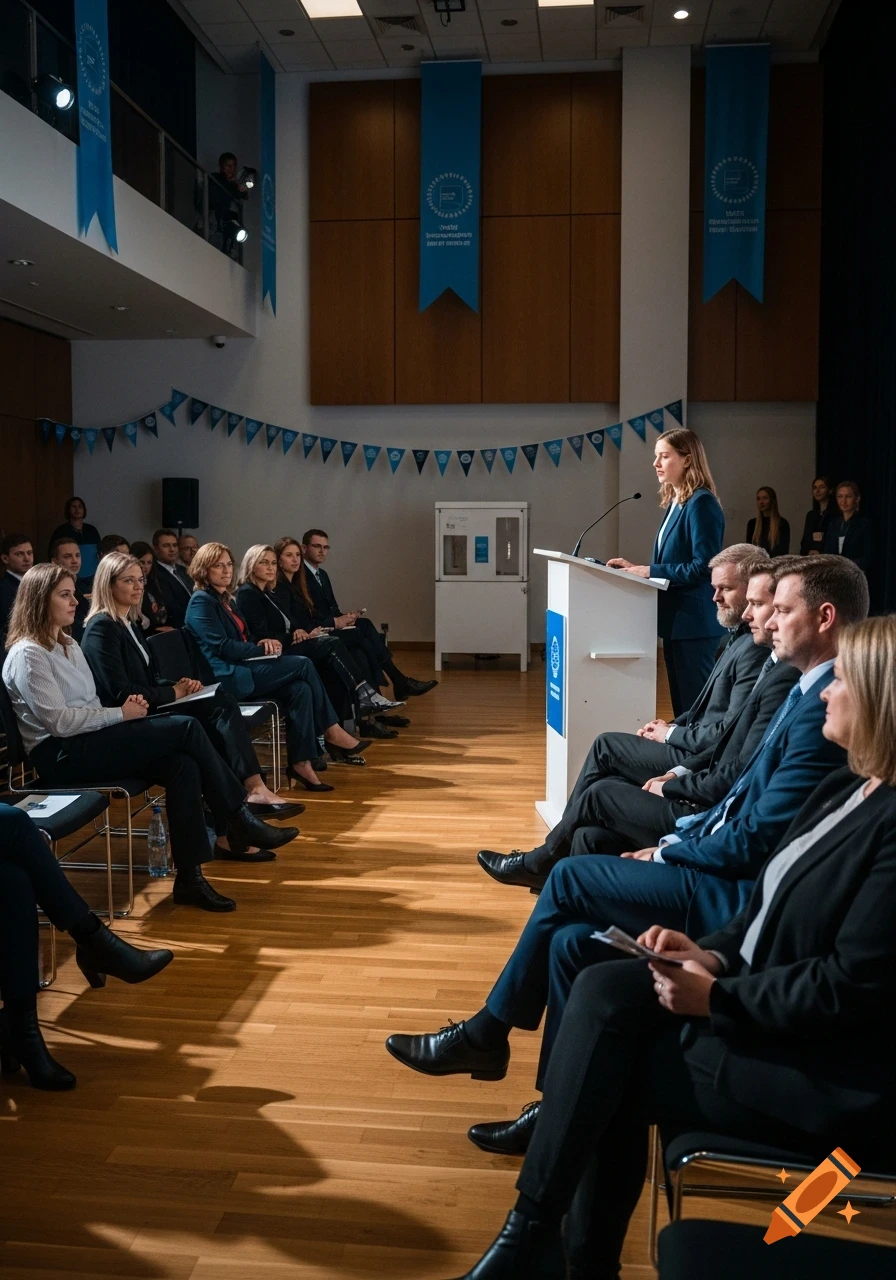 A woman speaks at a podium to an audience seated in a modern auditorium during a formal event, with blue banners and decorations.