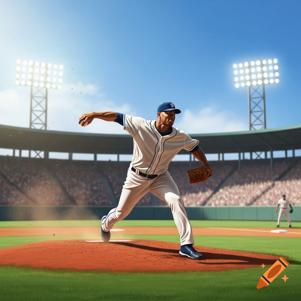 A photorealistic image of a baseball pitcher in uniform, mid-throw on a mound, in a sunny stadium filled with spectators.