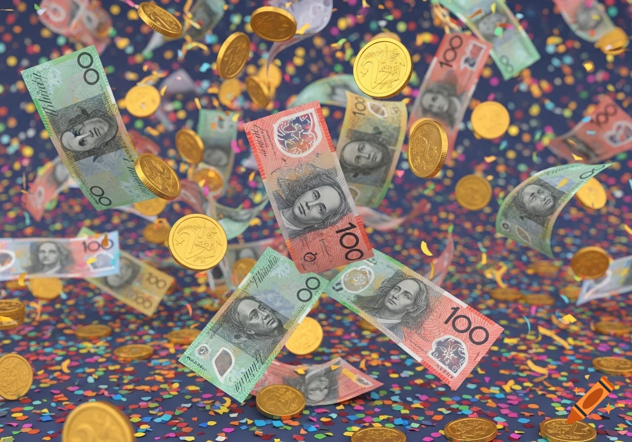 Australian hundred-dollar notes, gold coins, and colorful confetti fall through the air against a dark blue background.