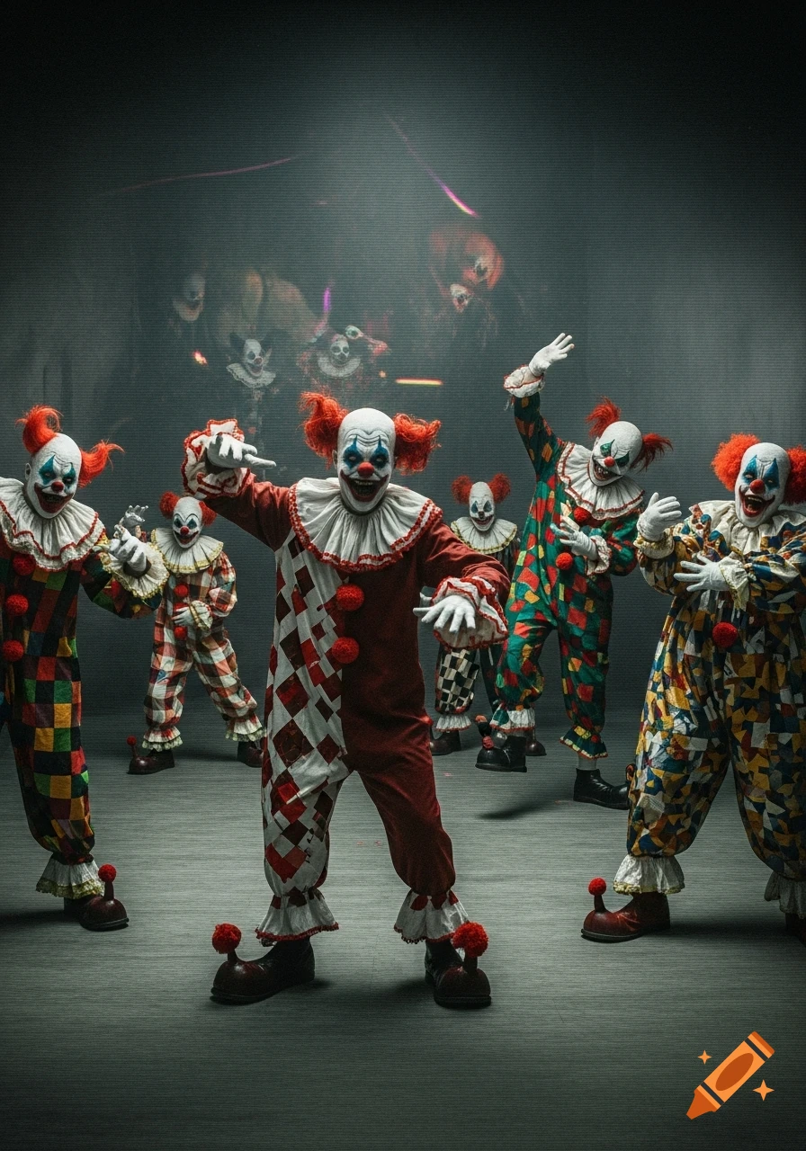 A group of eerie clowns in colorful, patterned costumes with red hair and painted faces dance in a smoky, distorted room.