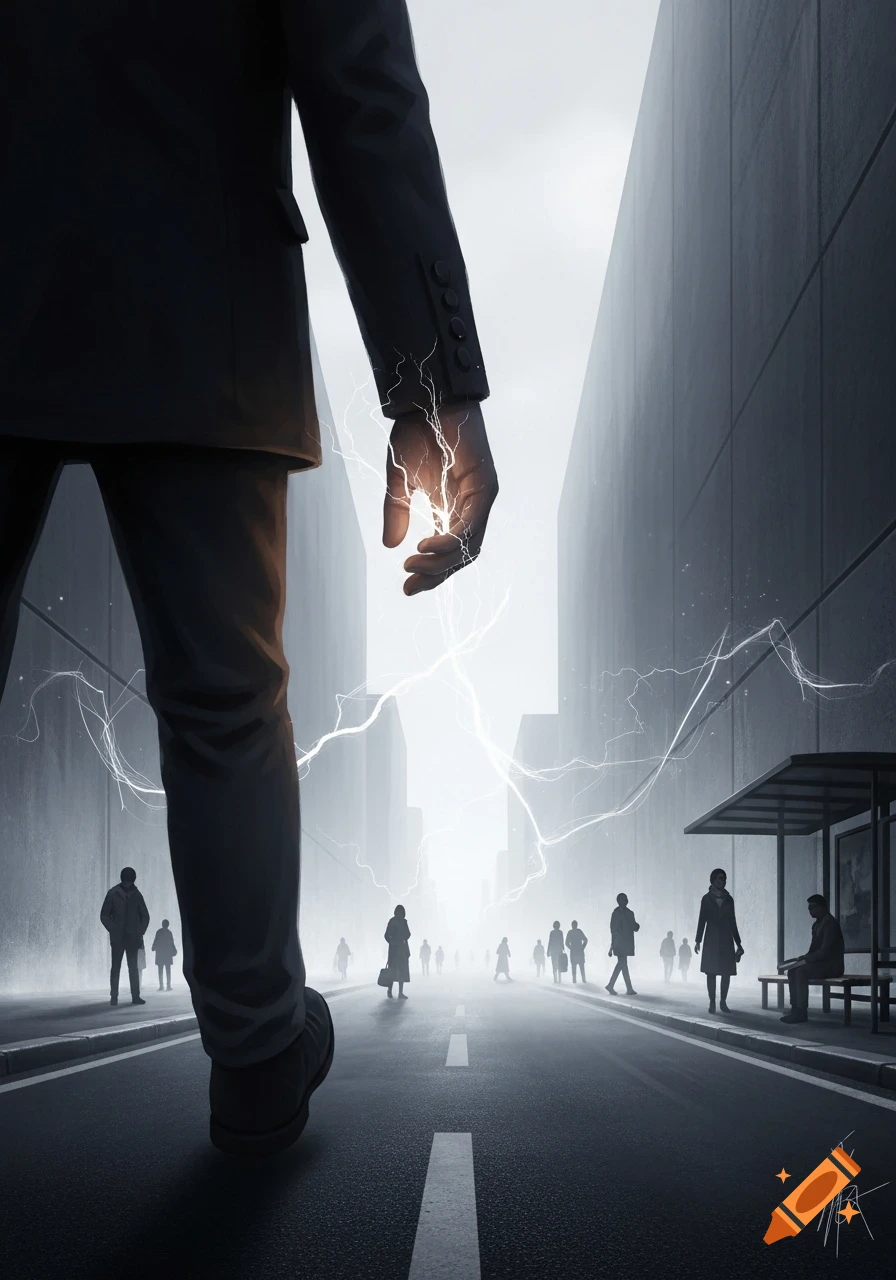 A man in a suit walks down a desaturated city street with lightning emanating from his hand, past motionless, blurry figures.